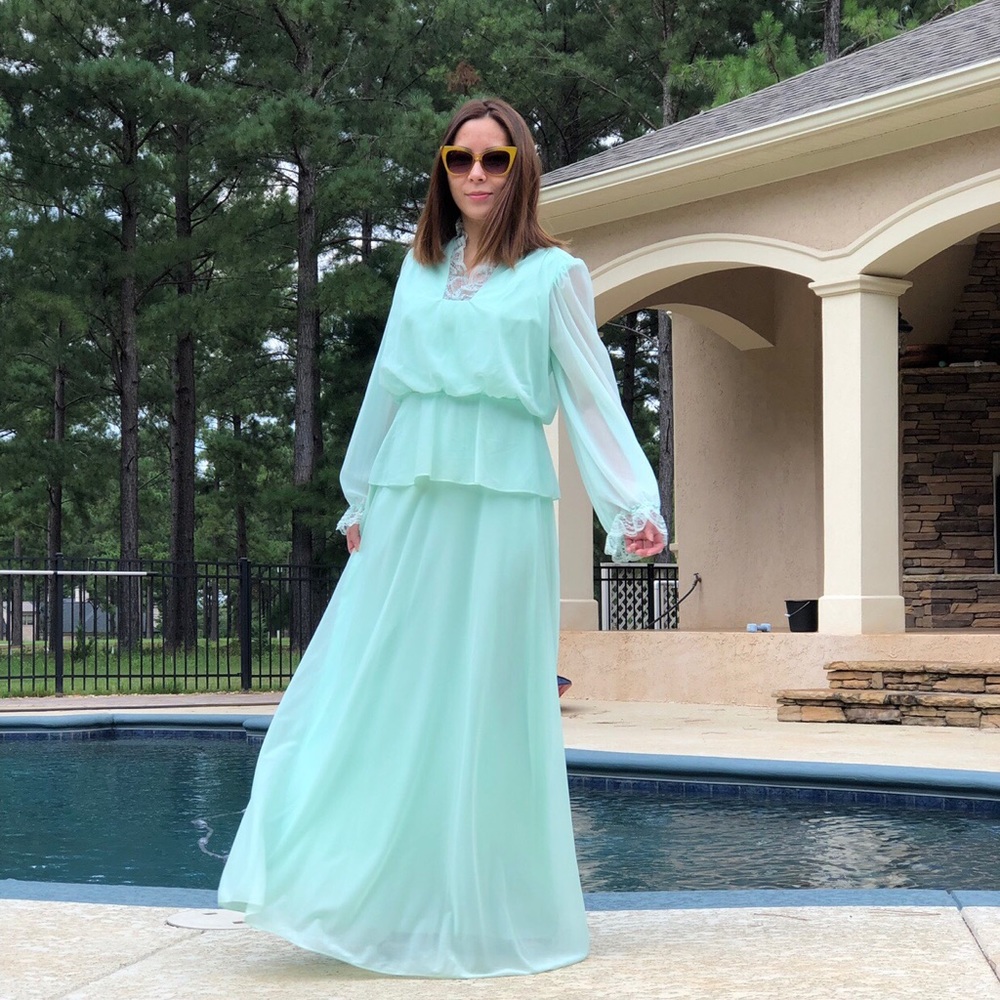 70s MINT BLUE FLOWY DRESS - Picture 2 of 4